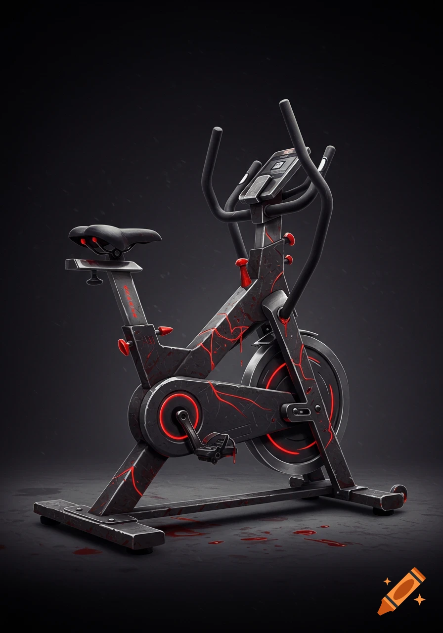 A stylized, dark grey exercise bike with glowing red cracks resembling blood, and red liquid splattered on the dark floor, against a dark background.