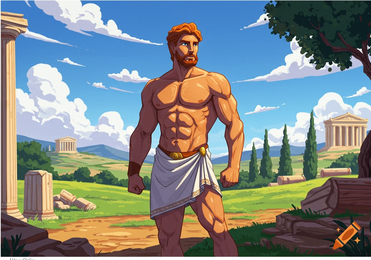 A muscular man resembling Hercules in a white toga stands in a vibrant, clear-lined landscape with ancient Greek ruins and temples under a blue sky.