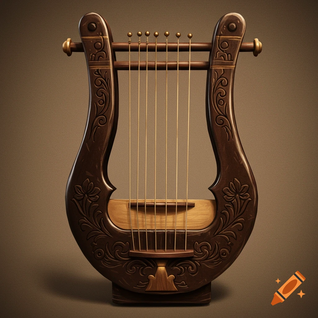 A detailed, photorealistic dark wooden lyre with gold strings and intricate floral carvings on a brown background.