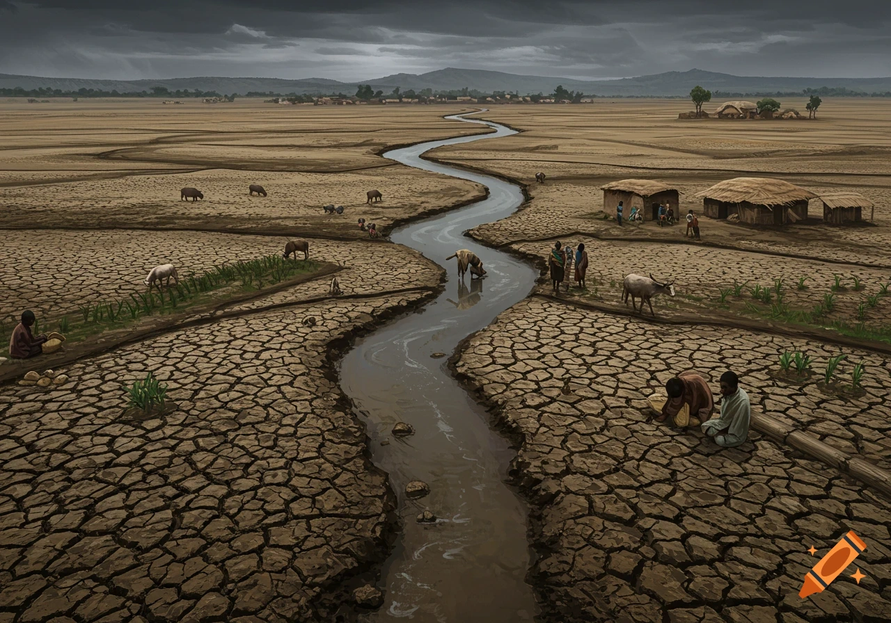 A somber landscape depicts a winding river through cracked, dry land with people and livestock and distant huts under a dark sky.