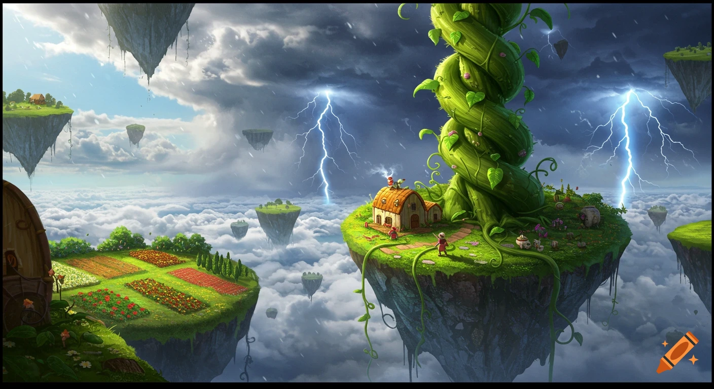 Lush floating islands above clouds with a house, giant beanstalk, and lightning striking during a dramatic thunderstorm.