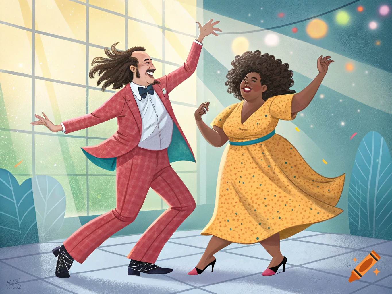 A vibrant illustration of a man with dreadlocks in a red suit and a woman with curly hair in a yellow dress enthusiastically dancing indoors.