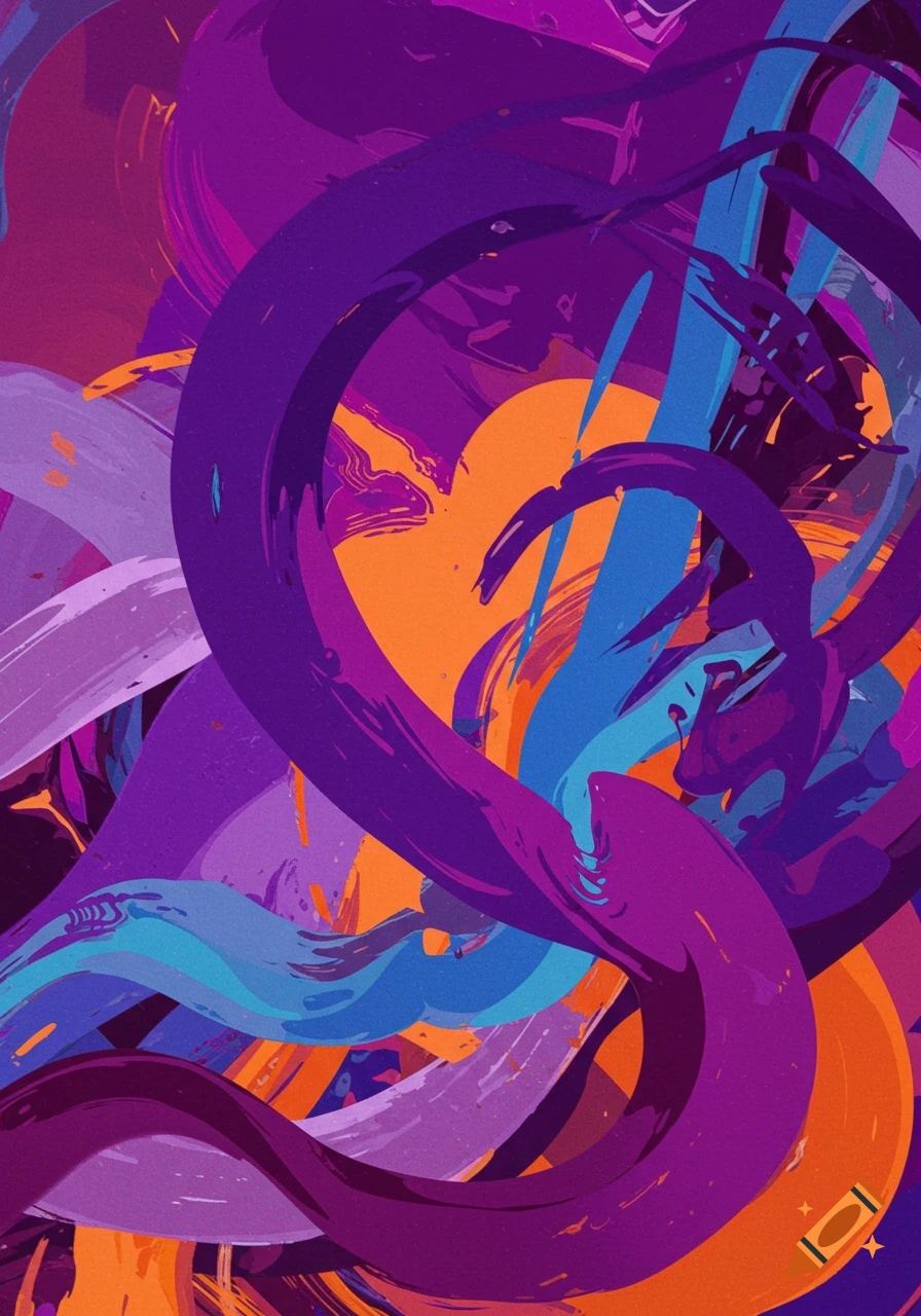Abstract art with swirling purple, orange, and blue brushstrokes on a textured background.