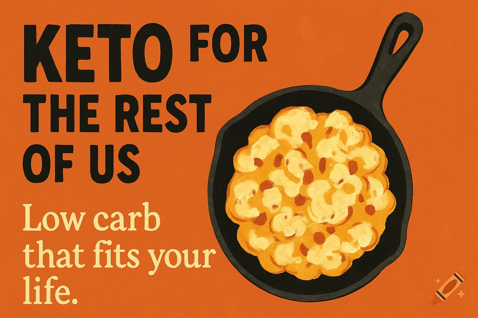 A retro-modern drawing advertising a keto diet, featuring 'KETO FOR THE REST OF US' text, and a skillet of cheesy cauliflower.