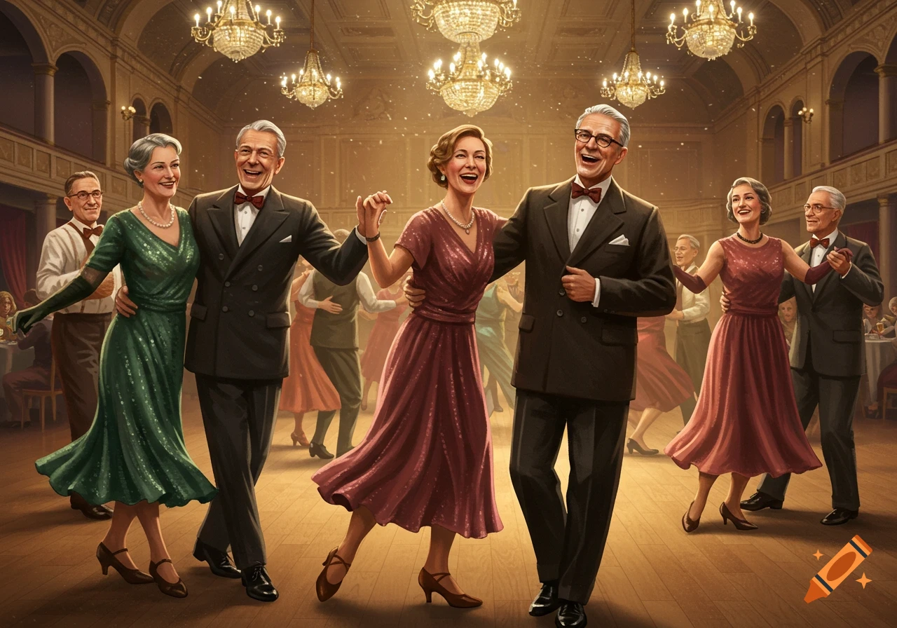Elderly couples in formal attire dance joyfully in a grand ballroom under chandeliers.