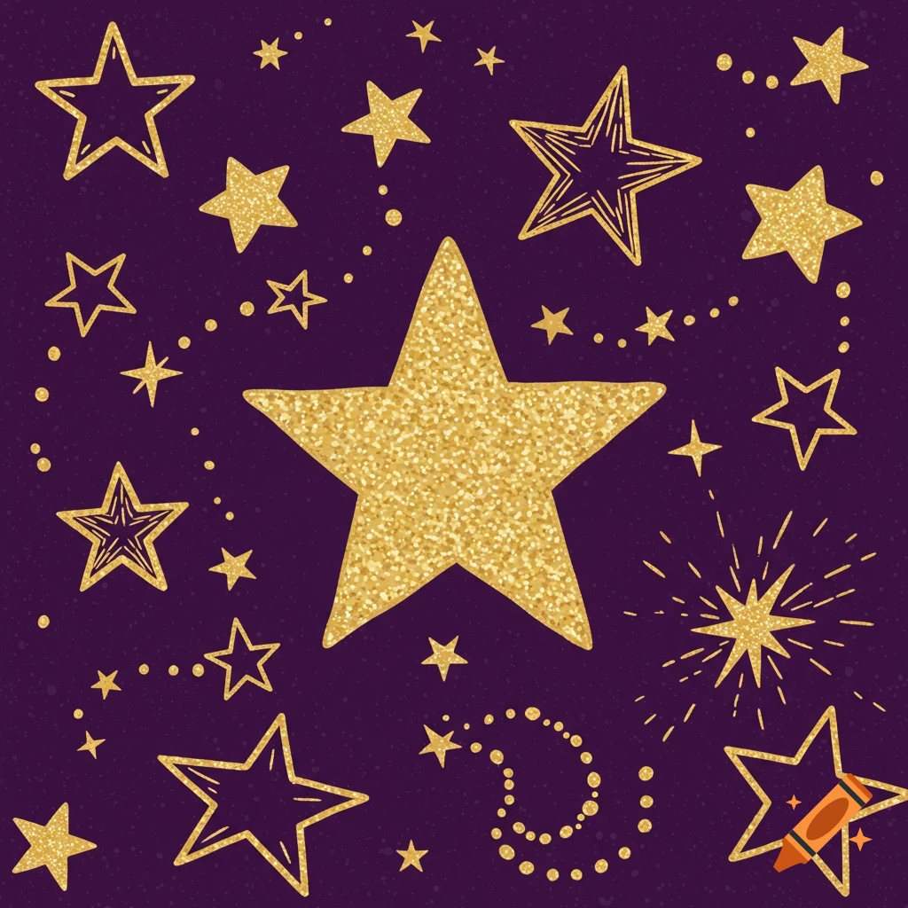 Gold glitter and outline stars on a dark purple speckled background.