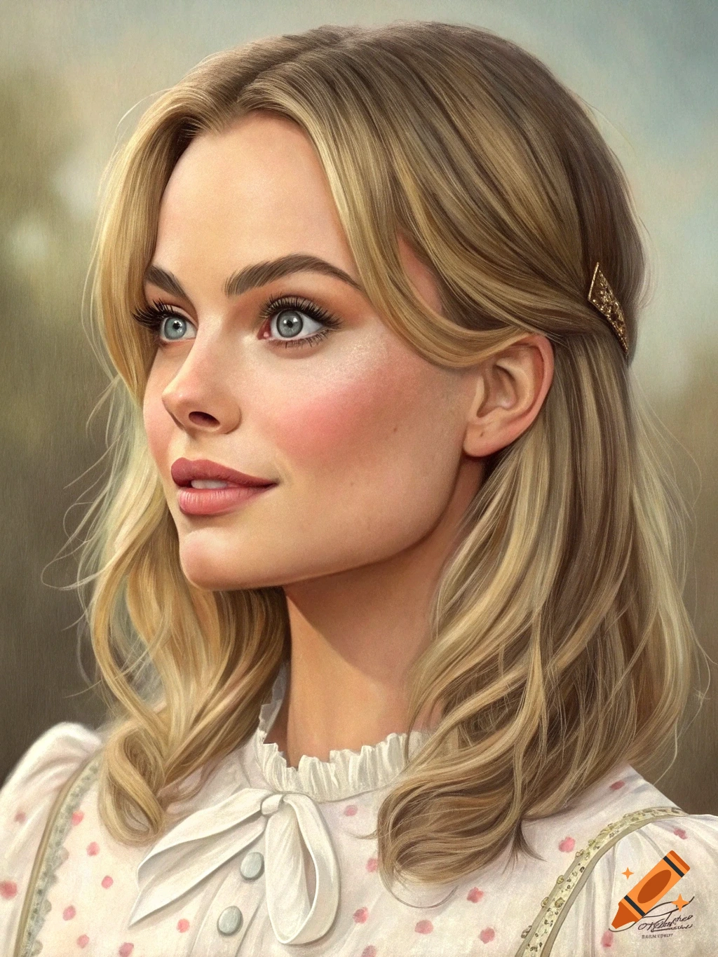 A photorealistic portrait of Margot Robbie with blonde hair, light blue eyes, and pink cheeks, wearing a white ruffled blouse with a bow and polka dots.