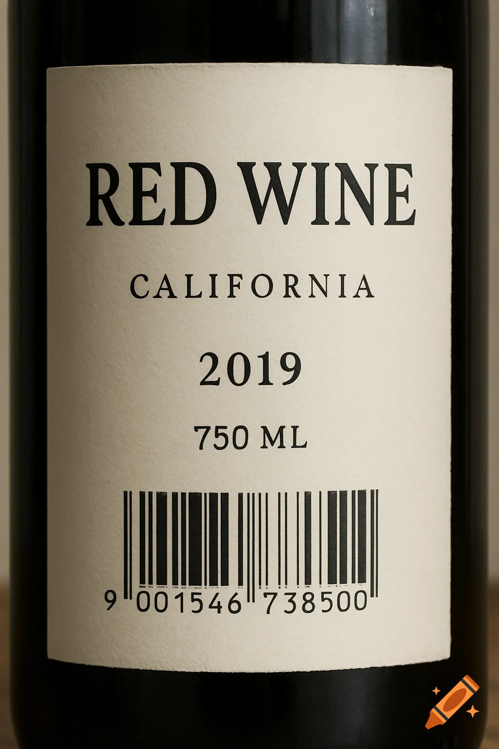 Close-up of a wine bottle label with 'RED WINE', 'CALIFORNIA', '2019', '750 ML' and a barcode printed on it.