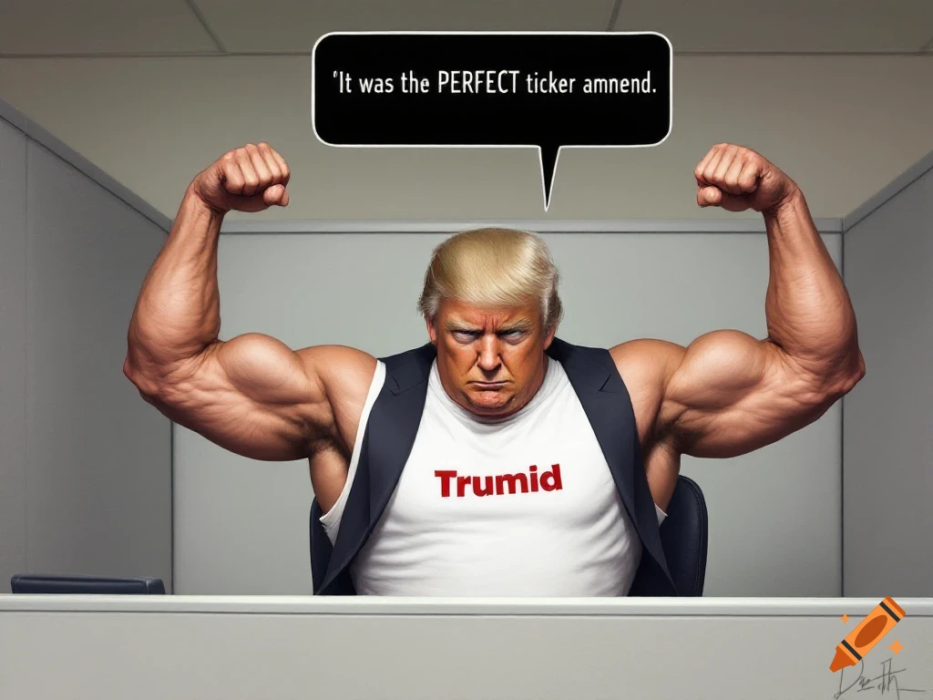 Humorous caricature of muscular Donald Trump in a 'Trumid' t-shirt flexing behind a desk, with a speech bubble.