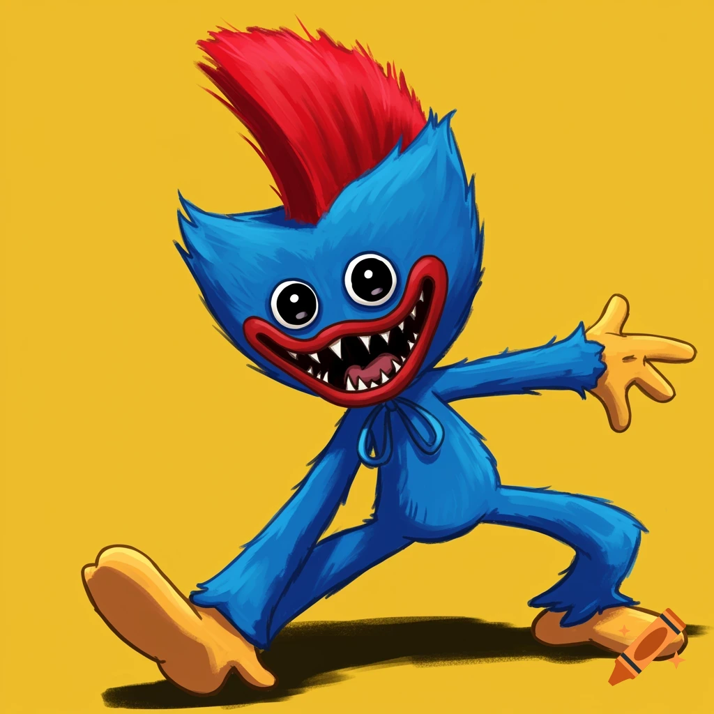 A blue, fuzzy monster character with a red mohawk, sharp teeth, and big eyes, striking a playful pose against a yellow background in a cartoon style.