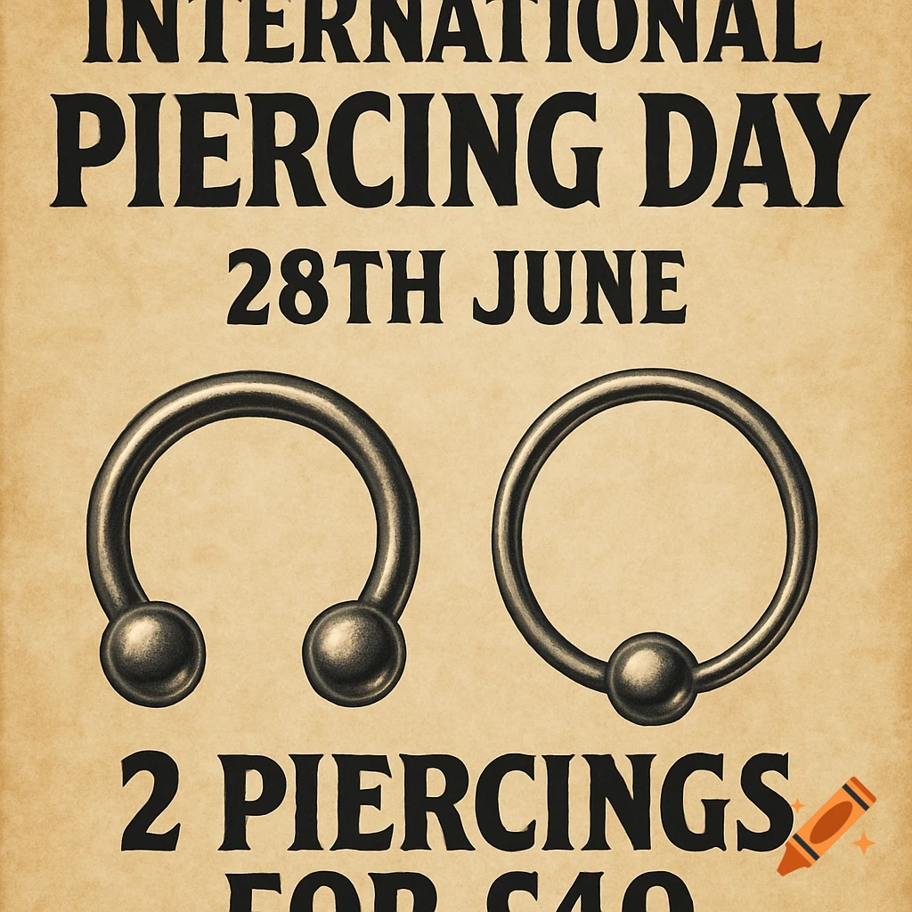 A vintage-style poster advertising International Piercing Day on June 28th, showing two different metal piercing rings.