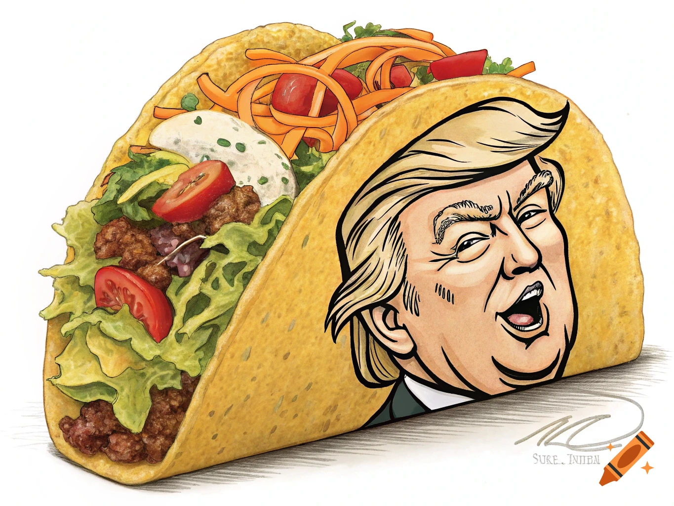 Cartoon illustration of a taco with Donald Trump's face on the side of the shell.