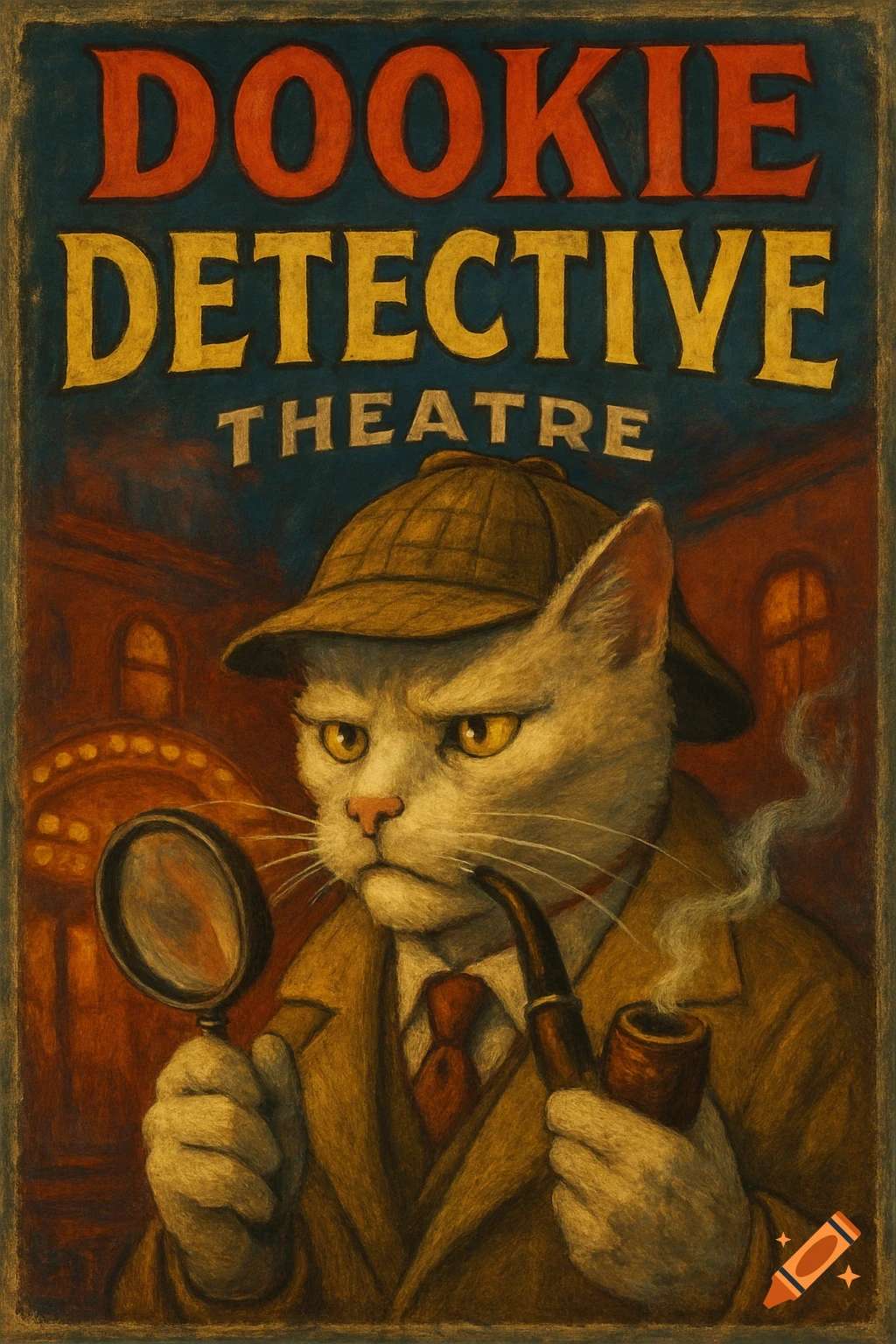A white cat dressed as a detective in a deerstalker hat and trench coat, holding a magnifying glass and smoking a pipe, depicted in a vintage poster style.