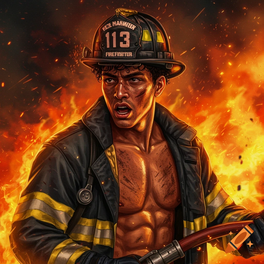 An intense, muscular firefighter with an open jacket, holding a hose amidst flames, in a dramatic illustration style.
