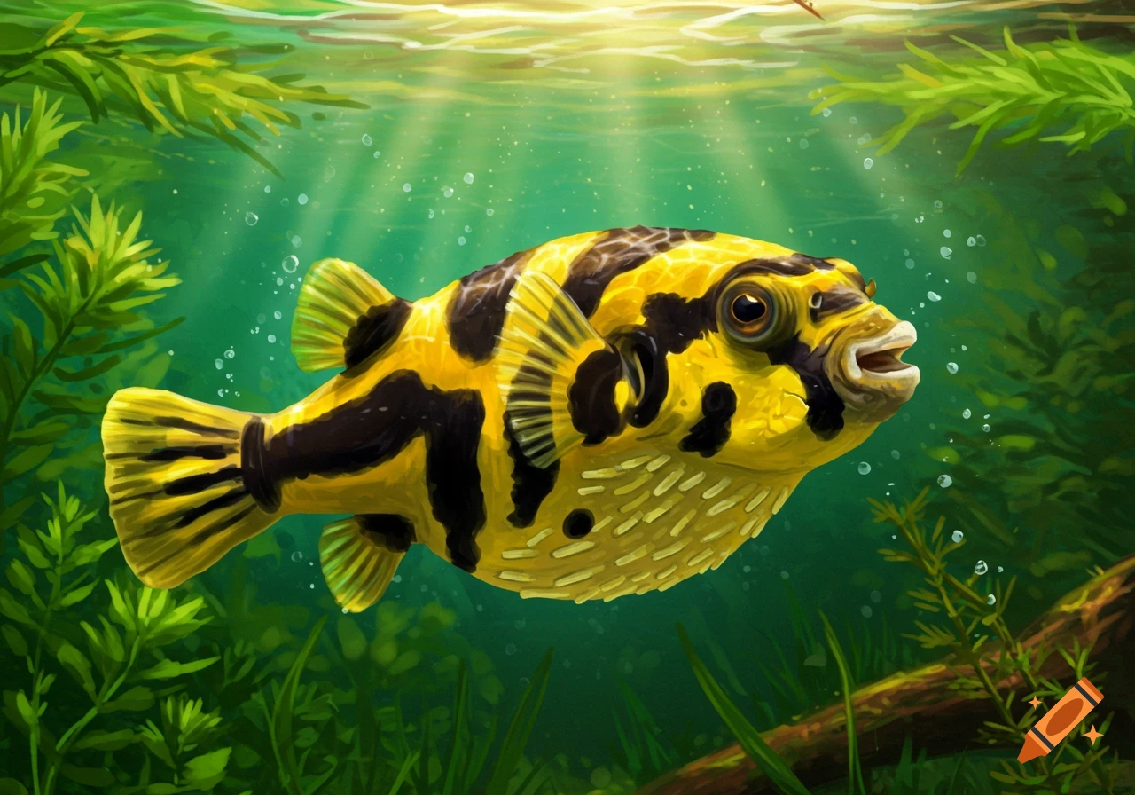A vibrant yellow and black bumblebee puffer fish swims underwater, surrounded by lush green aquatic plants and illuminated by bright sun rays from above.