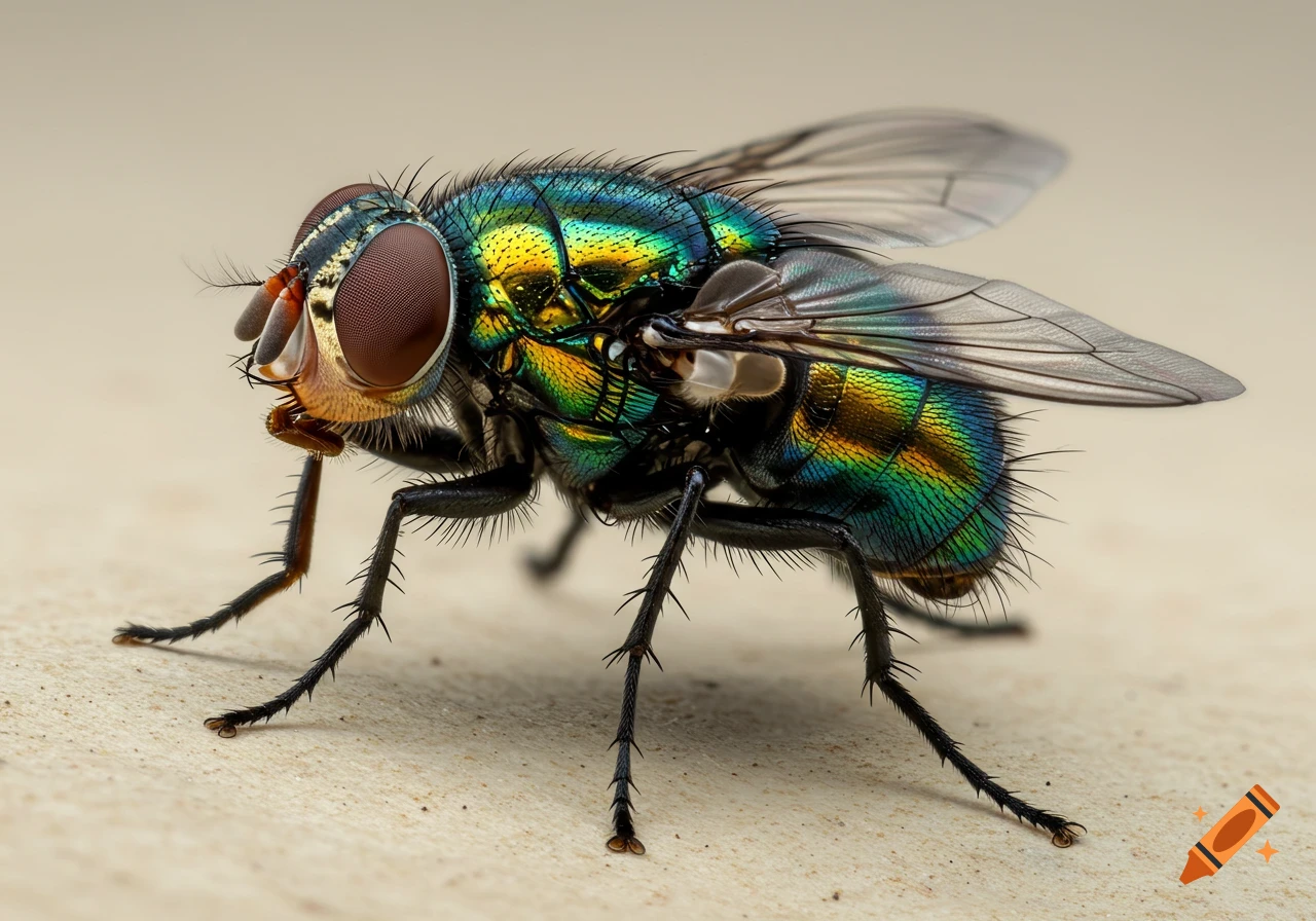 A hyper-realistic macro photo of a green bottle fly with iridescent green and gold metallic colors on a neutral background.