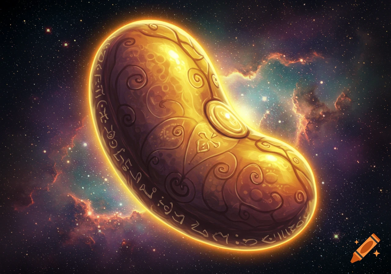 A glowing, ornate, golden bean-shaped object floats in deep space, surrounded by colorful nebulae and stars, with intricate etched patterns and ancient-looking symbols.
