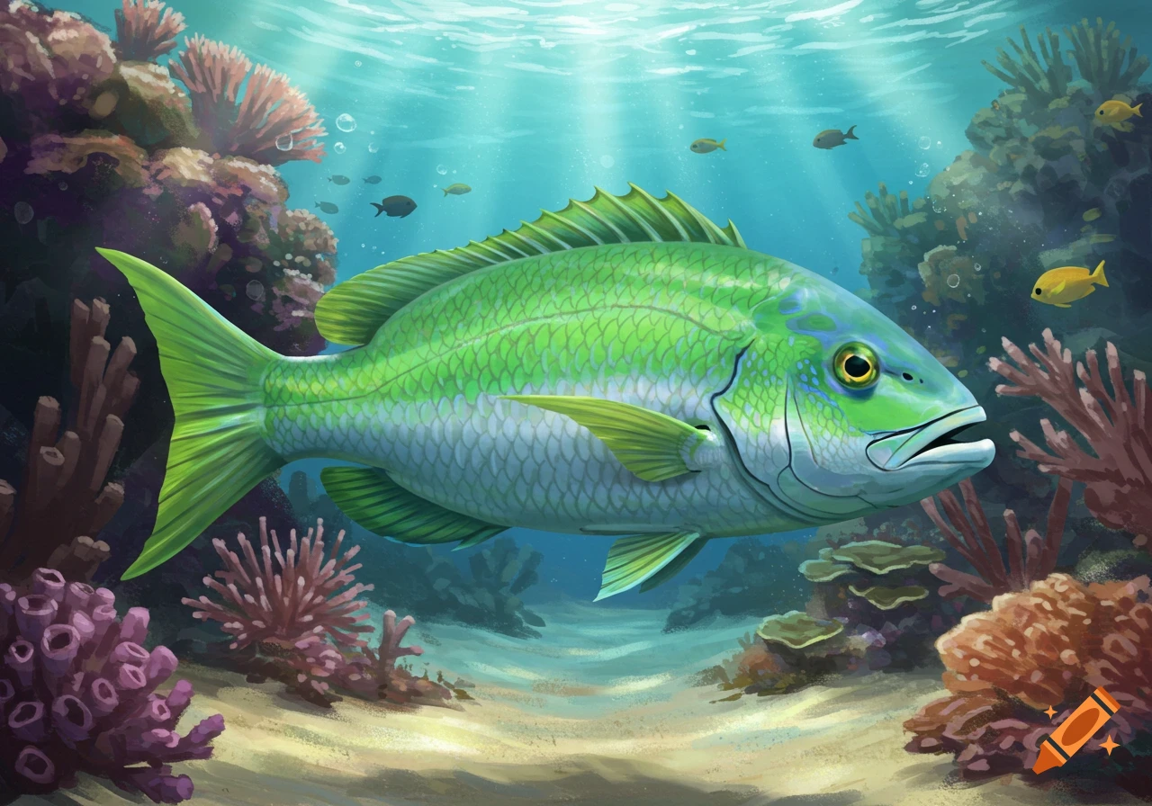 A vibrant green and blue fish swims among coral and other smaller fish in a clear, sunlit ocean.