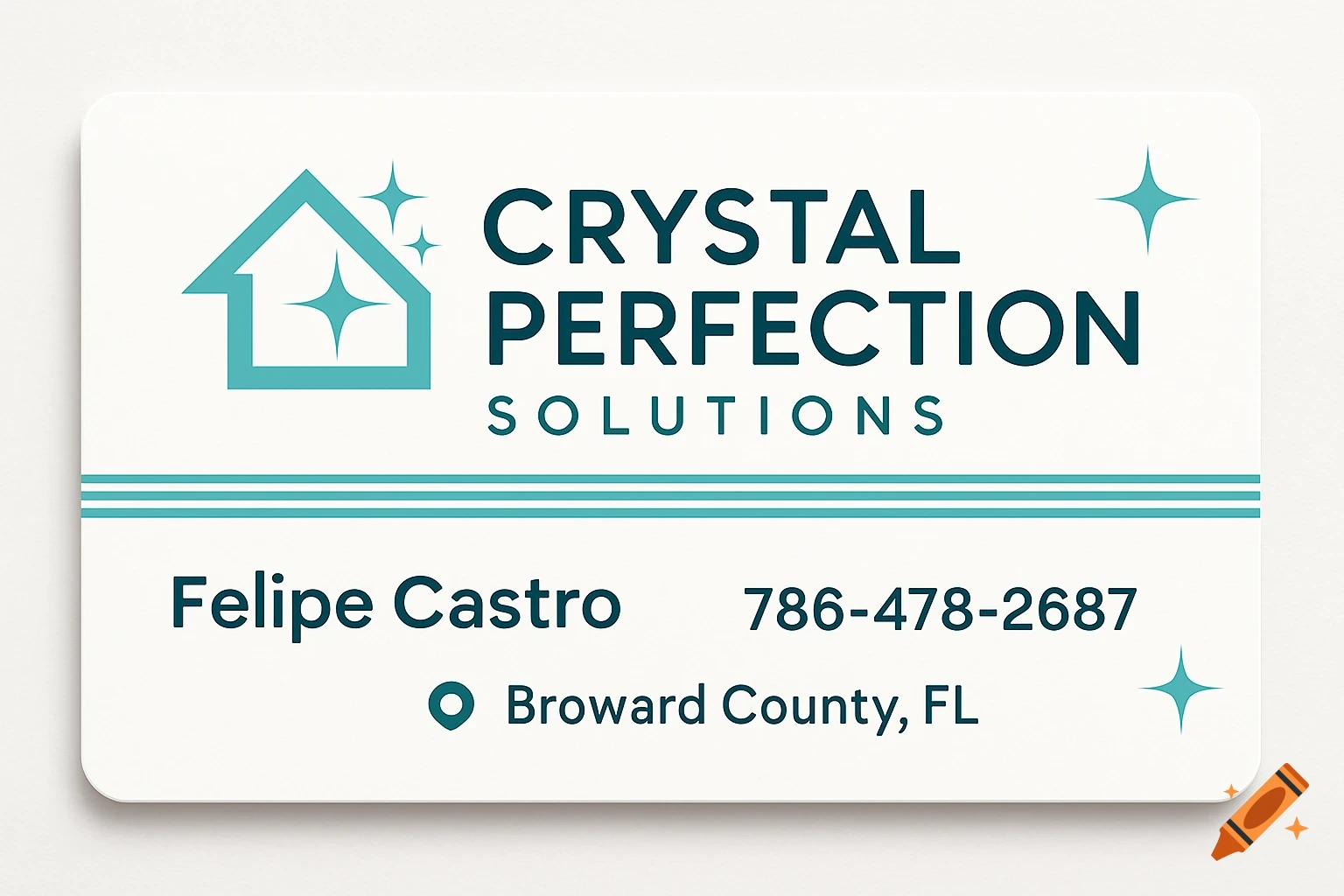 A modern business card for Crystal Perfection Solutions with a house logo, Felipe Castro, and contact details.