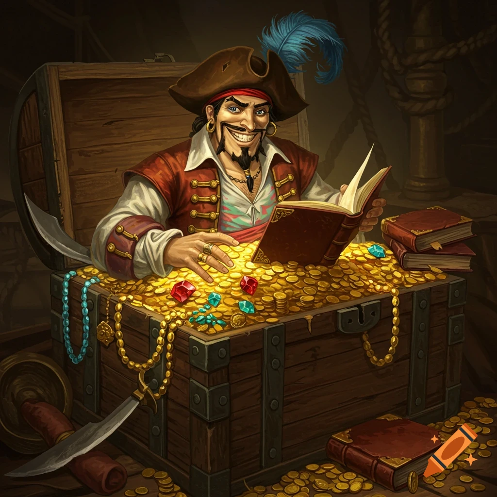 A cartoonish pirate with a feathered hat sits in an open treasure chest overflowing with gold and jewels, reading a book.