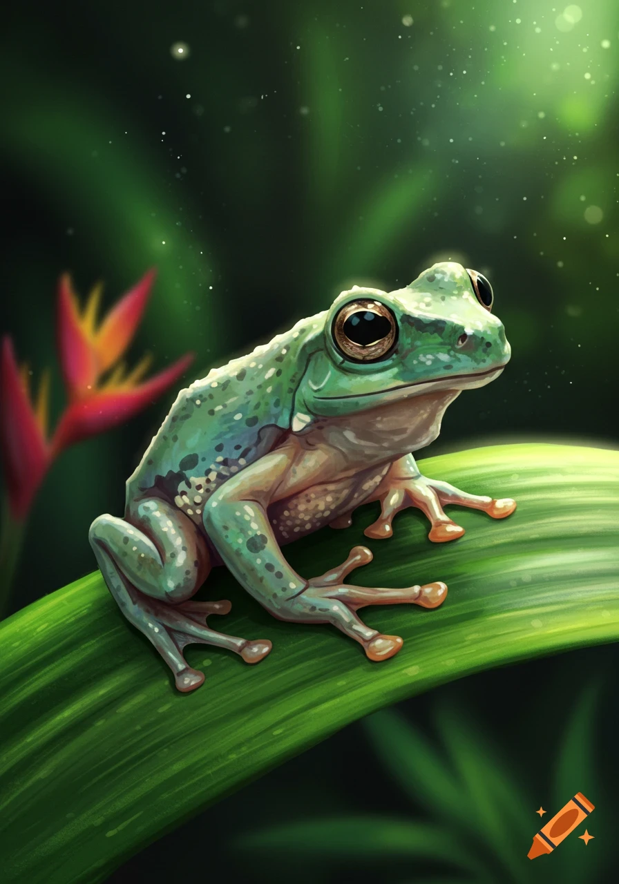 A detailed illustration of a green tree frog with large eyes sitting on a wide green leaf. Blurry red flowers and dark green foliage are in the background, with subtle glowing particles.