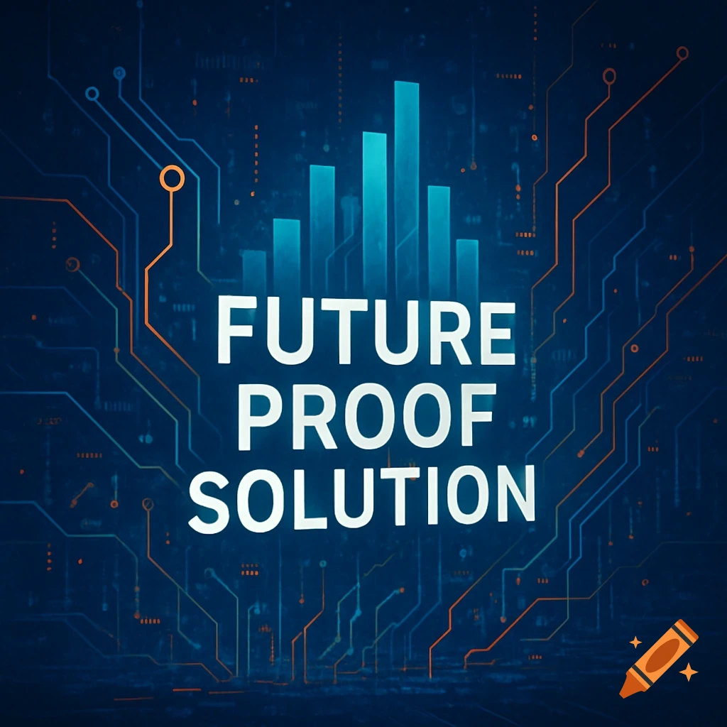 White text "FUTURE PROOF SOLUTION" against a dark blue background with glowing circuit board patterns and a bar graph.