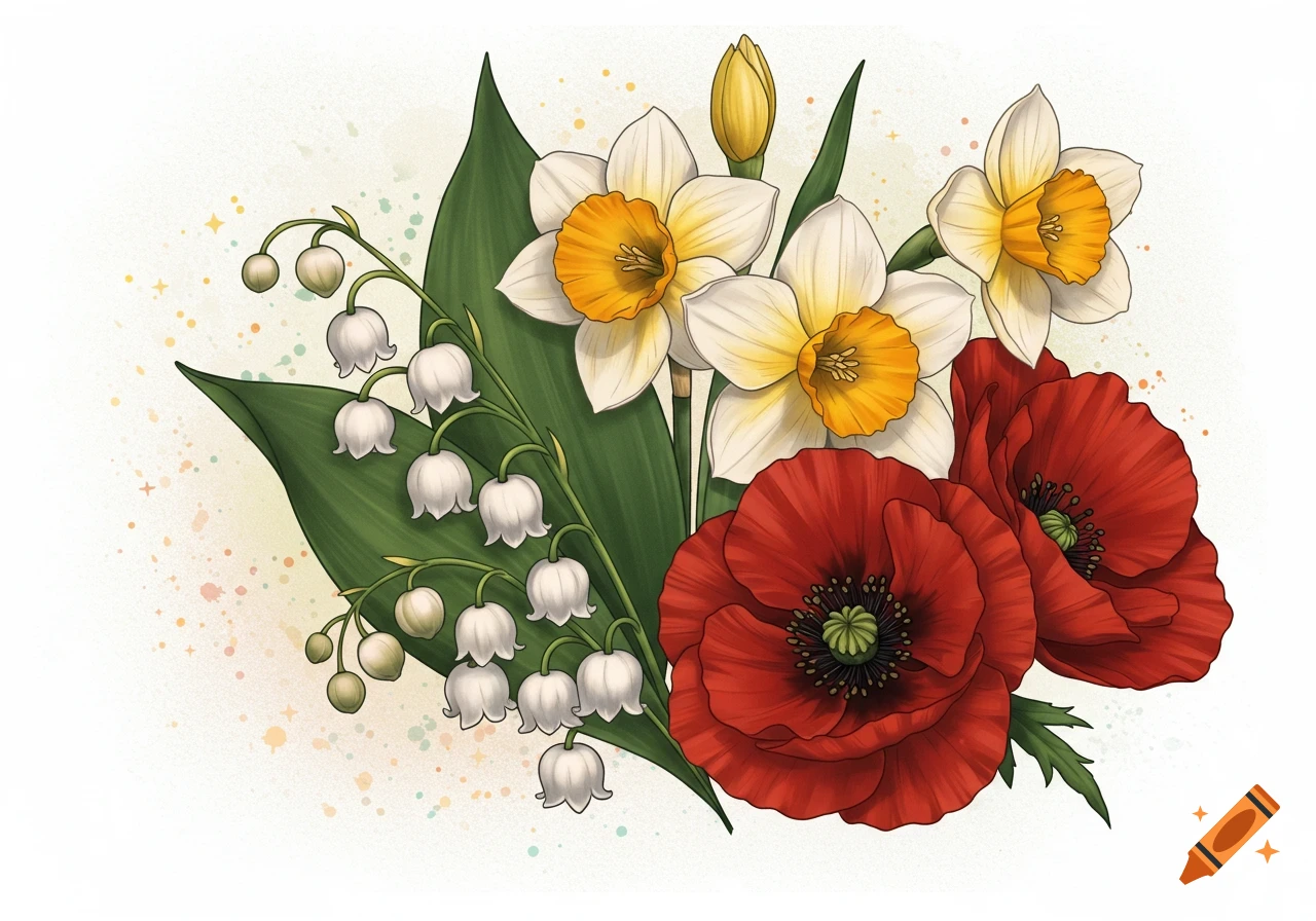 An illustrative bouquet featuring white narcissus, red poppies, and white lily of the valley bells with green leaves on a light background.
