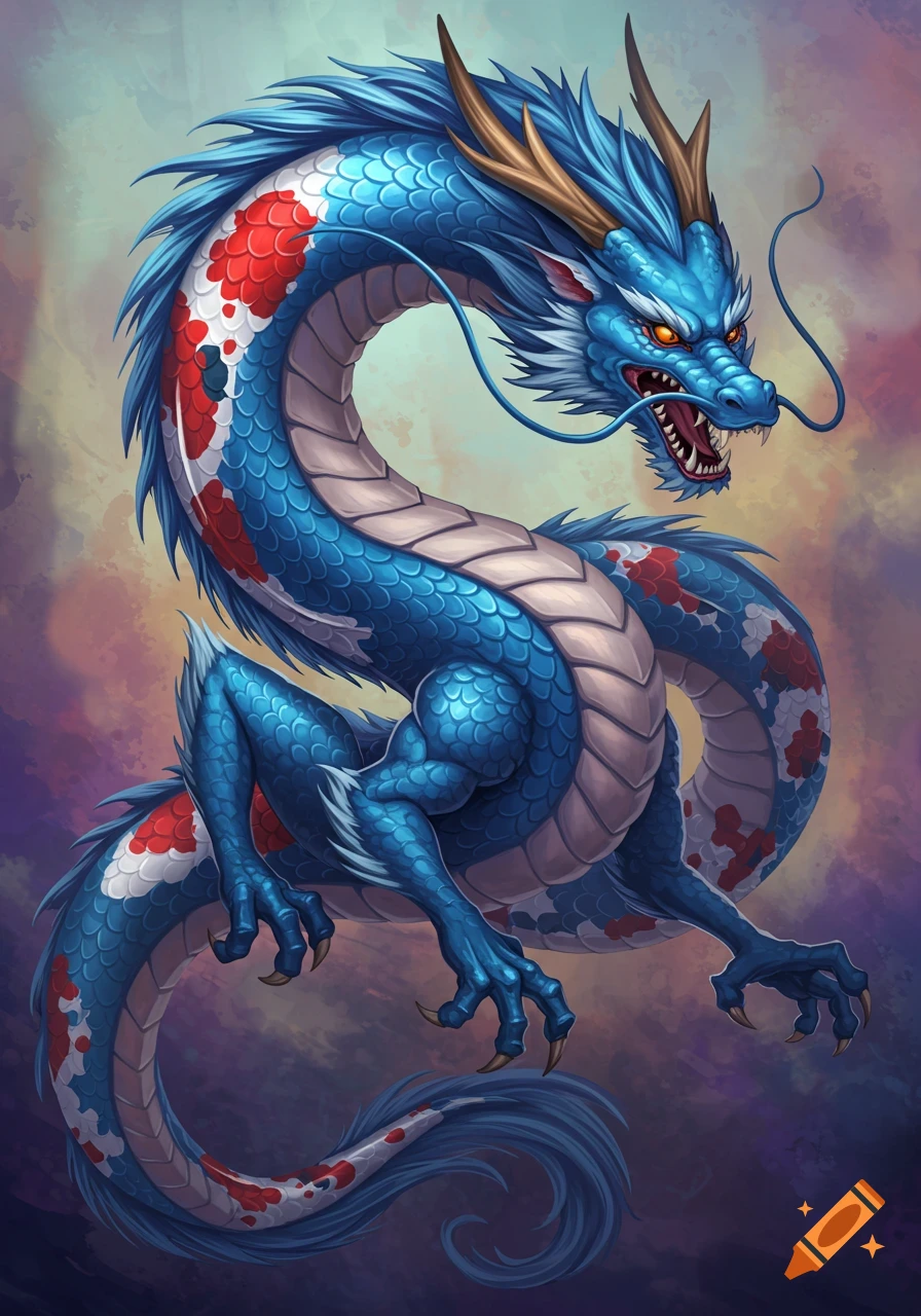 An illustrated blue water dragon with red and white koi patterns, in an aggressive stance.