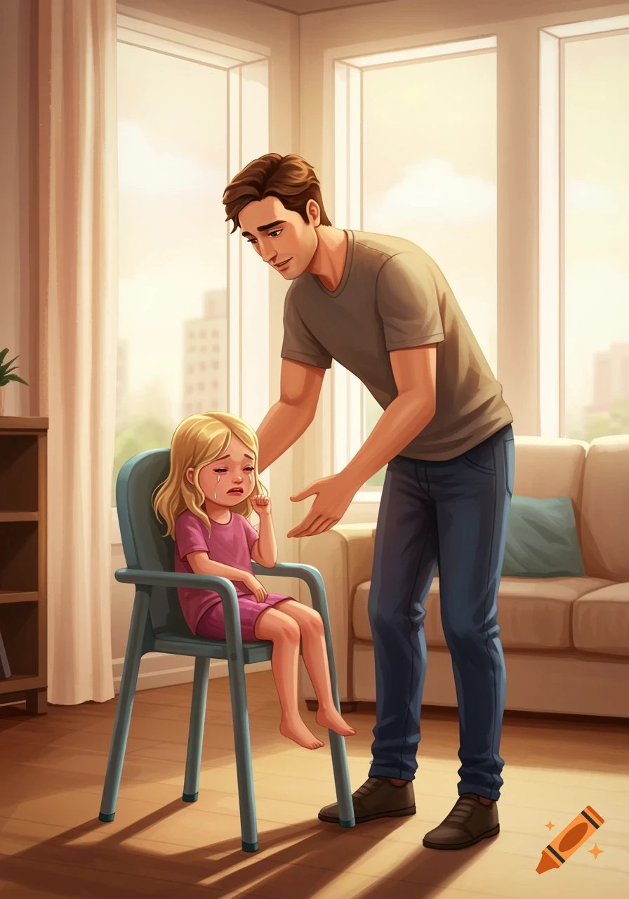 A father comforts his crying daughter sitting in a chair in a bright, sunlit room, in an illustration style.