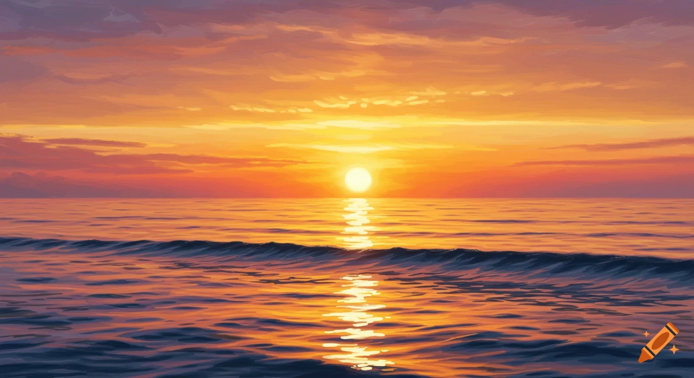 Painterly sunrise over the ocean with vibrant orange, pink, and yellow clouds, and the sun's reflection on the water.