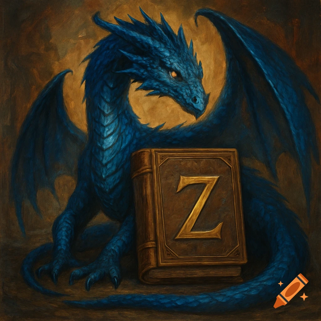 A blue serpentine dragon with orange eyes sits beside a brown book featuring a golden letter Z, in a painterly style.