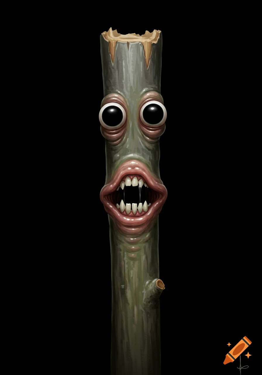 Stylized illustration of a creepy stick figure with large eyes and a wide, toothy mouth on a black background.