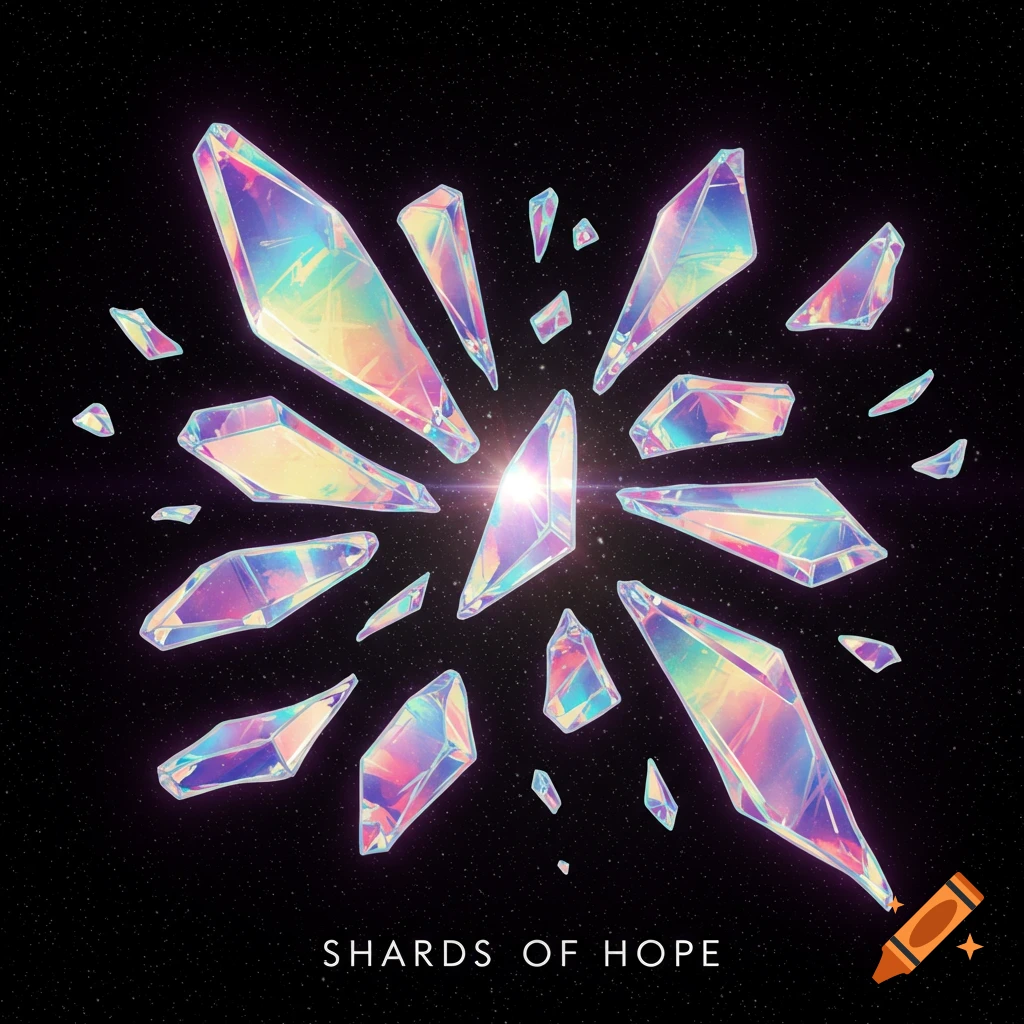 Iridescent, shattered crystal shards burst from a bright light against a dark, starry background with "SHARDS OF HOPE" below.