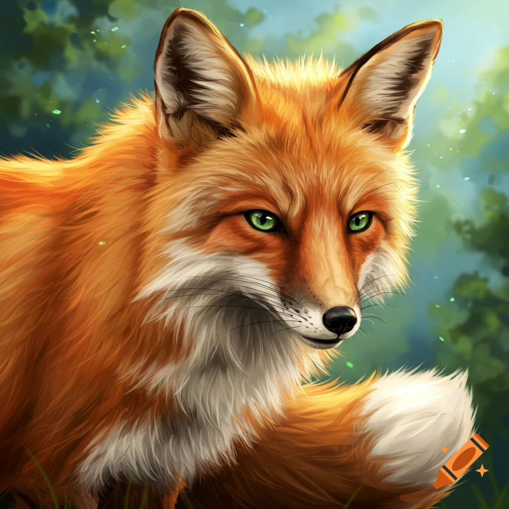 Close-up digital painting of a vibrant orange fox with bright green eyes in a lush forest setting.