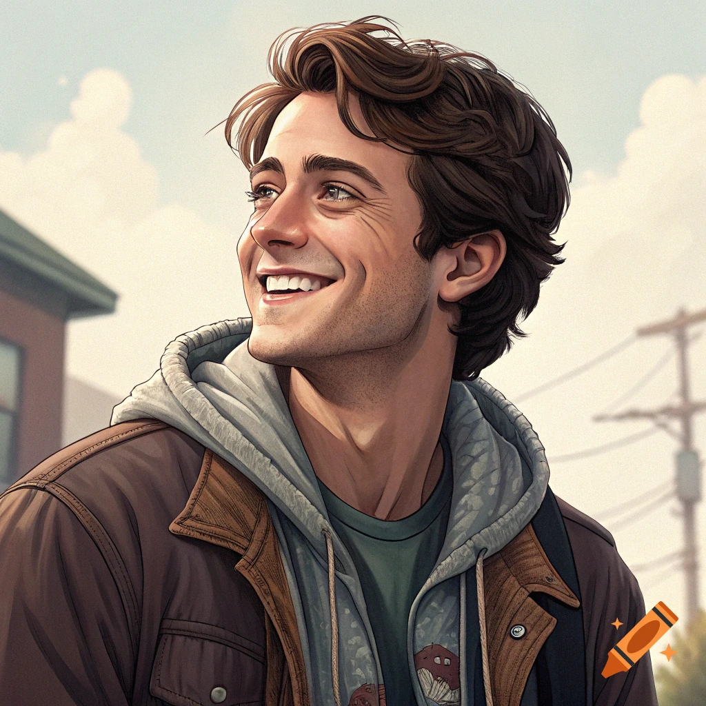 An illustrated portrait of a smiling young man with brown wavy hair, wearing a brown jacket and grey hoodie, looking up to the right.
