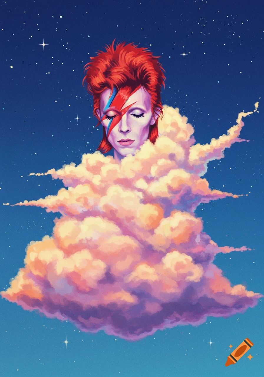 Illustration of David Bowie as Ziggy Stardust with red hair and lightning  bolt makeup, emerging from pink and orange clouds against a dark blue  starry sky. on Craiyon, image size:896x1280
