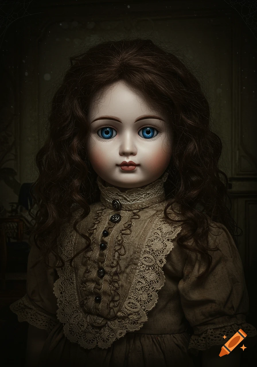 Close-up portrait of an antique porcelain doll with large blue eyes and dark curly hair, wearing a brown Victorian-era dress with lace.