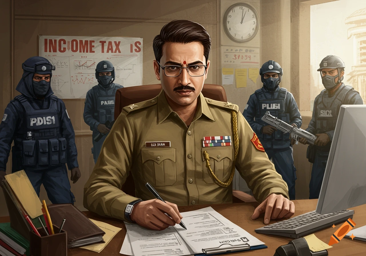 An income tax officer with a mustache and glasses sits at a desk, signing a document, surrounded by his tactical team in an office.