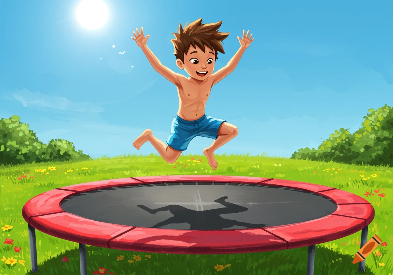 A cheerful cartoon boy with spiky brown hair jumps high above a red trampoline in a sunny green field.