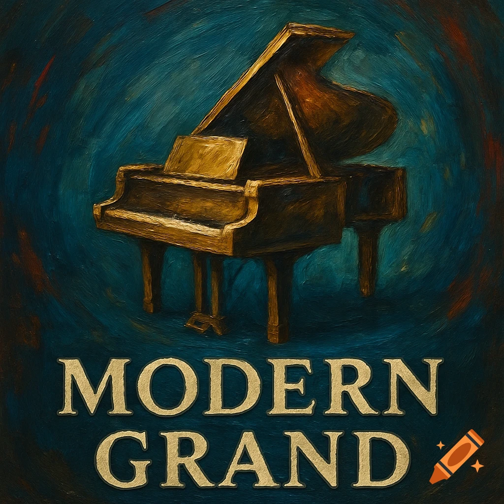 An oil painting of a golden grand piano on a dark blue background, with the text 'MODERN GRAND' below it.