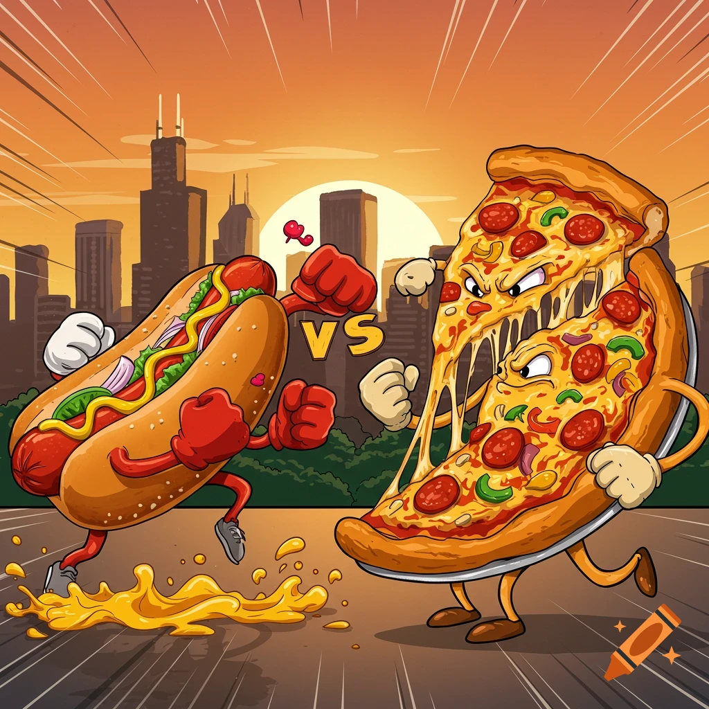 Cartoon hotdog fighting a slice of pizza in a city setting, with a Chicago skyline in the background.
