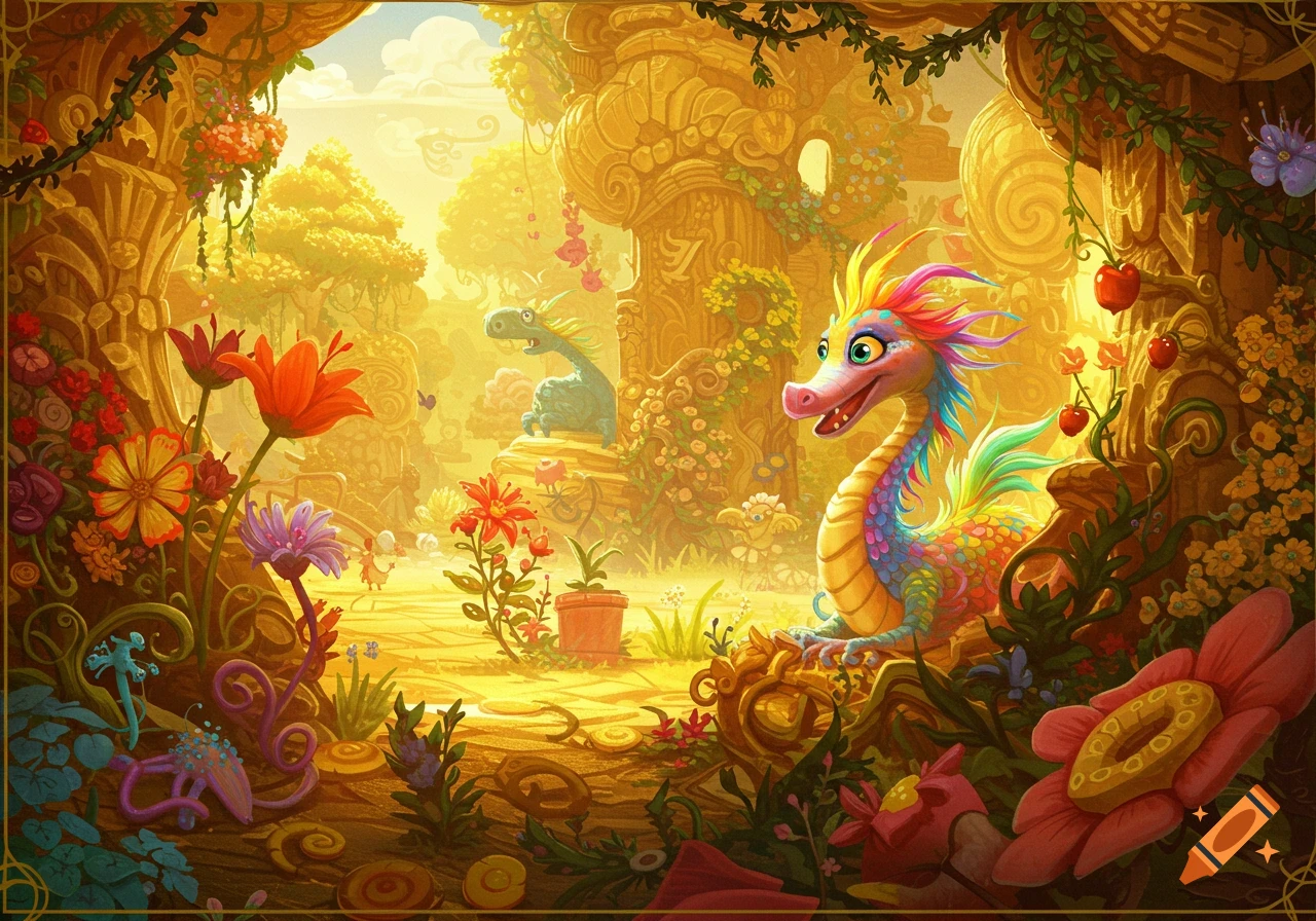 A vibrant fantasy illustration of a colorful rainbow dragon in a golden, lush jungle with flowers and another dragon in the background.