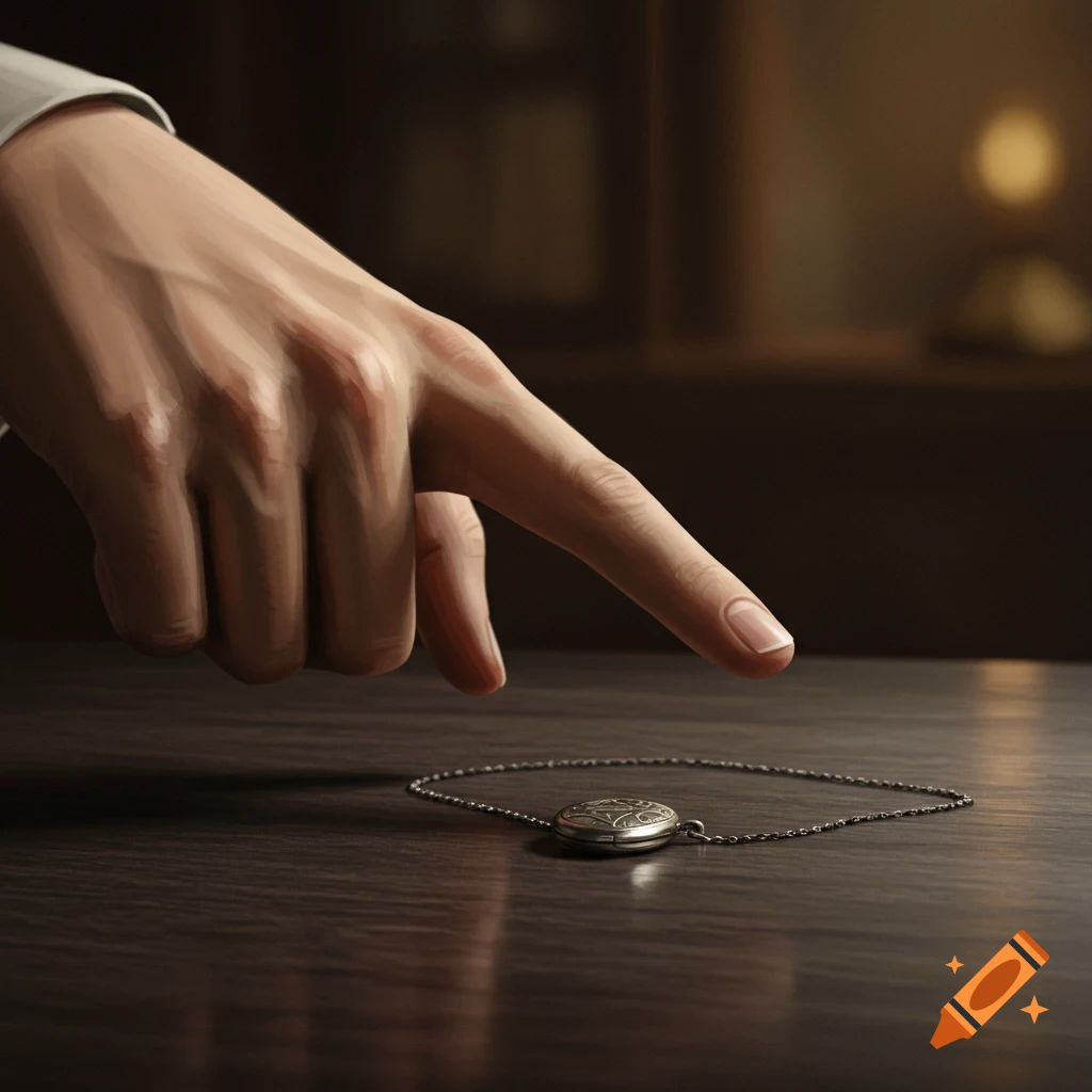 A person's hand with a white cuff points a finger at a silver locket and chain resting on a dark wooden table.