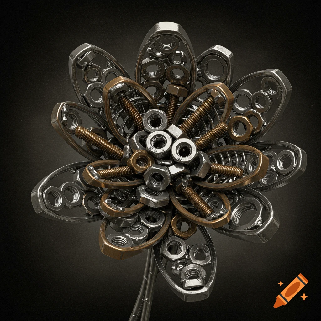 A photorealistic sculpture of a flower made from shiny silver and bronze nuts, bolts, and washers, set against a dark background.