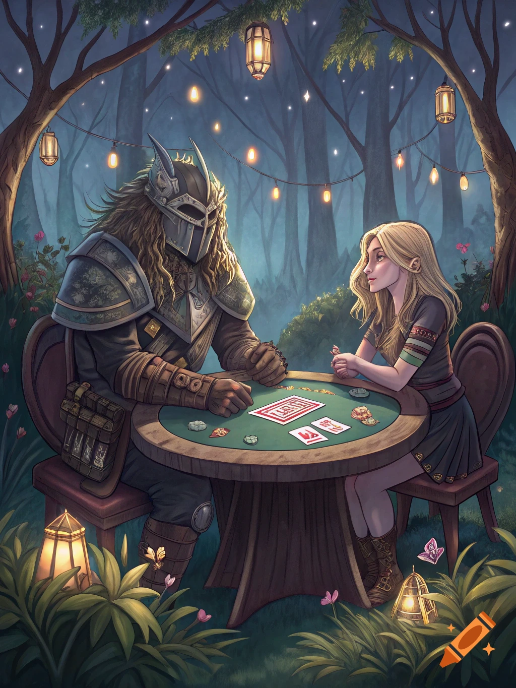 A warrior in armor and a woman with long blonde hair play poker at a round table in a mystical, lantern-lit forest.