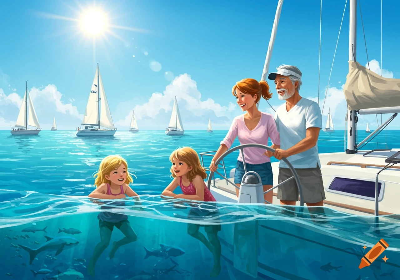 A happy family of four on a sailboat on a sunny day, with two children swimming in the clear blue ocean, surrounded by other sailboats.