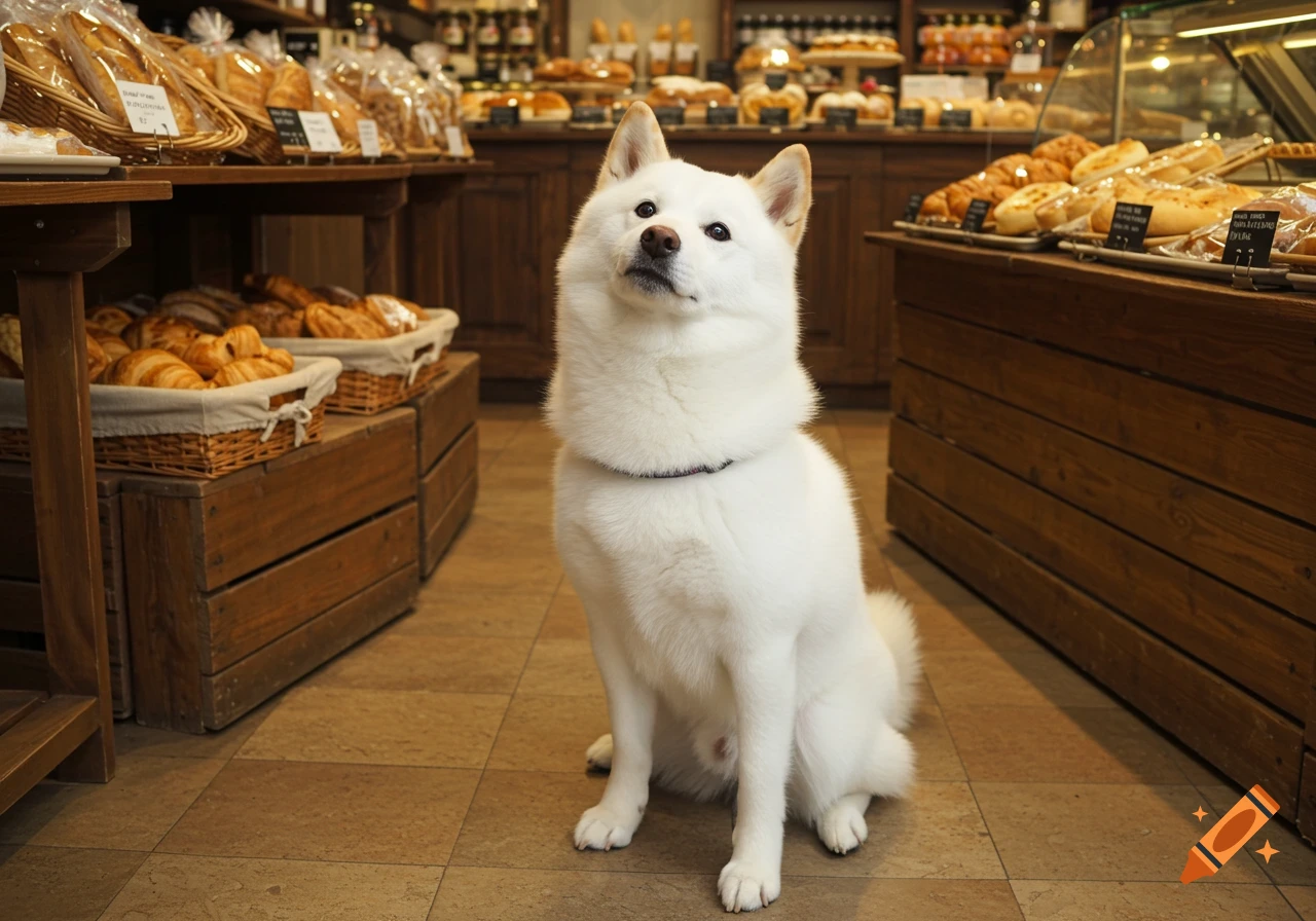 A white Shiba Inu dog sits on the floor of a bakery with shelves of bread and pastries in the background.