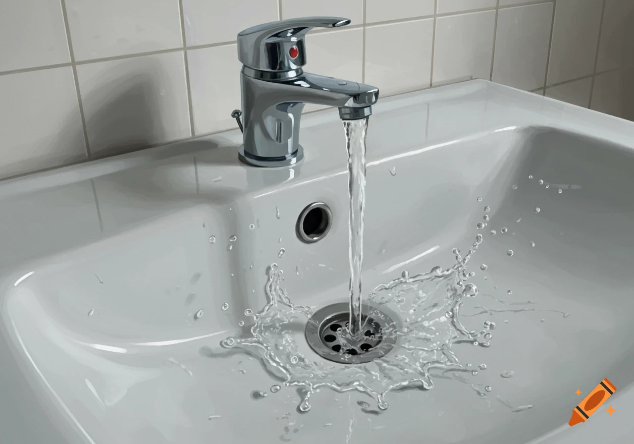 A close-up, photorealistic view of a white bathroom sink with a chrome faucet and running water splashing into the drain.