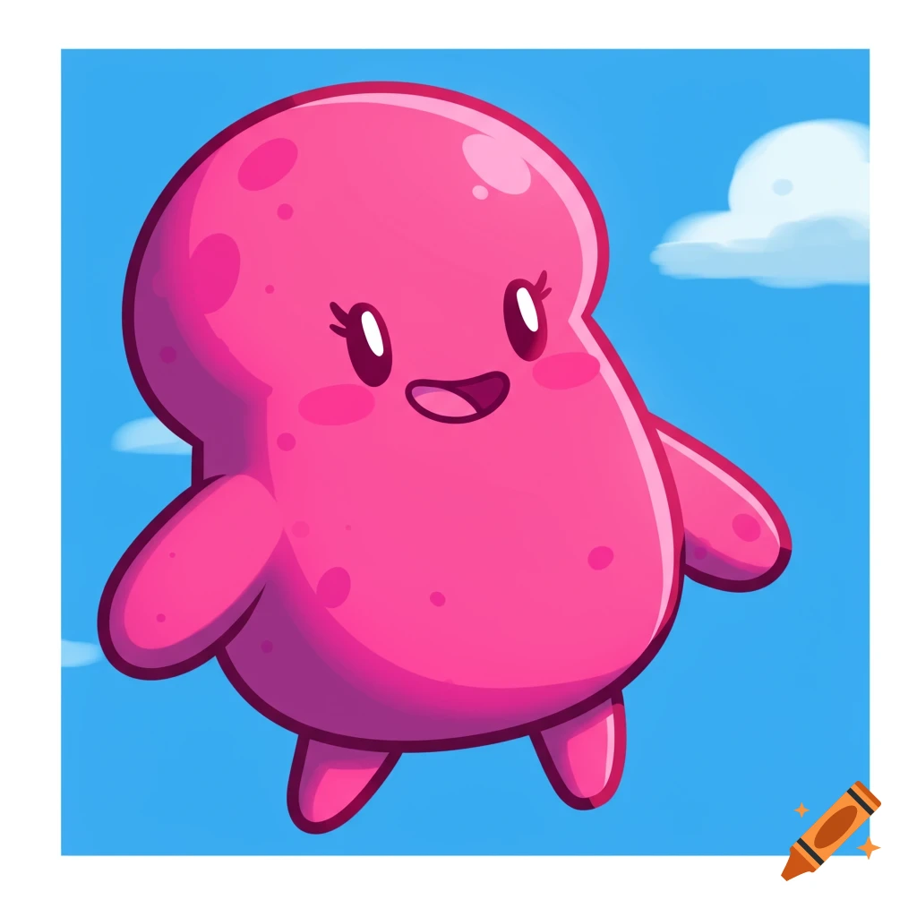 A cute, smiling pink blob character with small limbs against a blue sky with clouds, cartoon style.