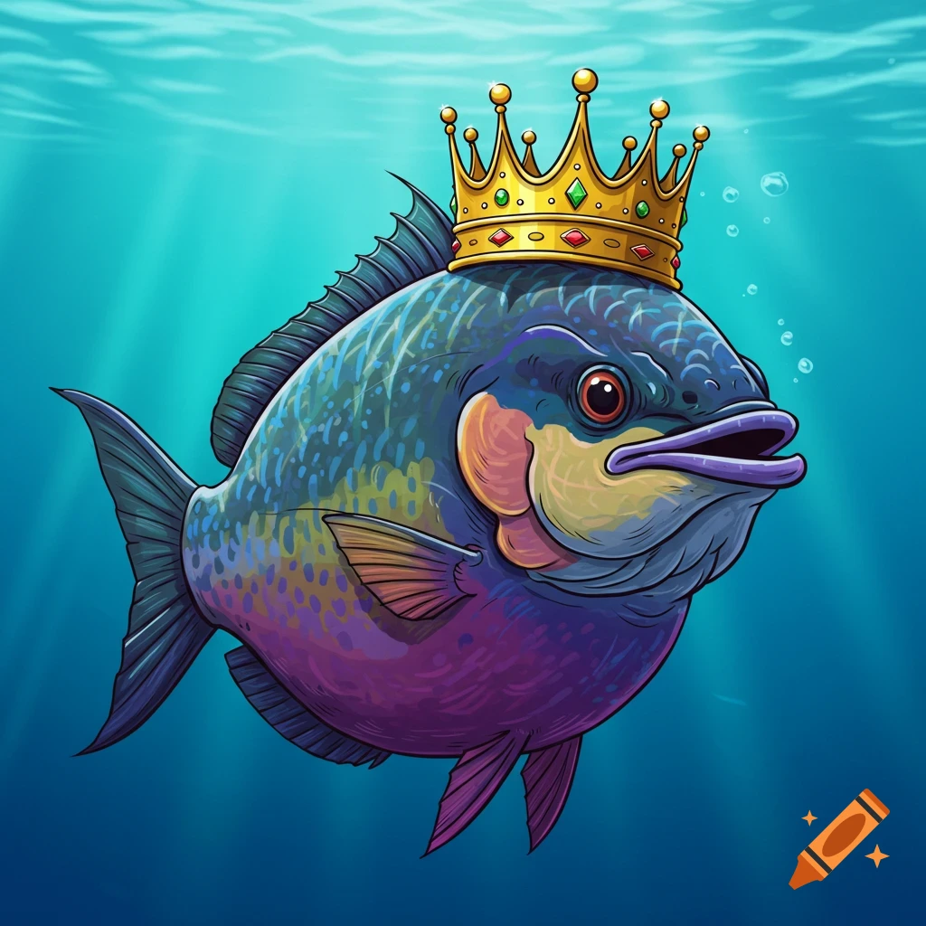 A colorful, cartoonish fish wearing a golden crown swims underwater with light rays.